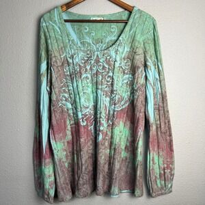 Unity World Wear Long Sleeve‎ Top Graphic Print Ribbed Knit Casual Plus Size 2X